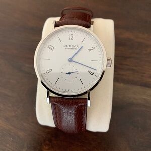 Rodina R005 Automatic Watch (white dial, brown leather)